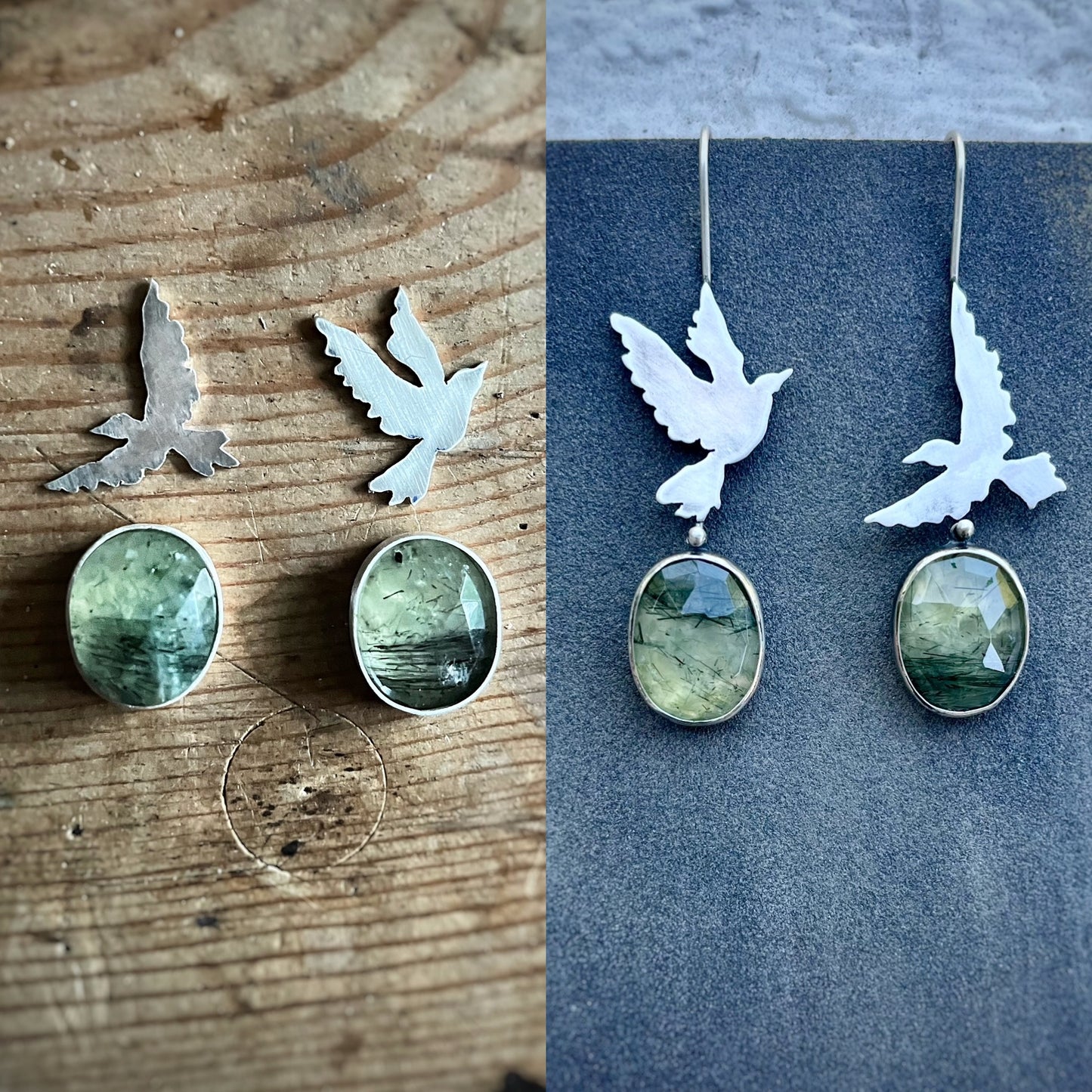 Taking Flight - Green Rutile Quartz Bird Earrings
