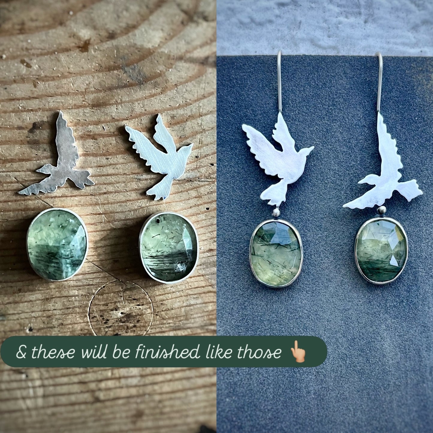 Taking Flight - Green Rutile Quartz Bird Earrings