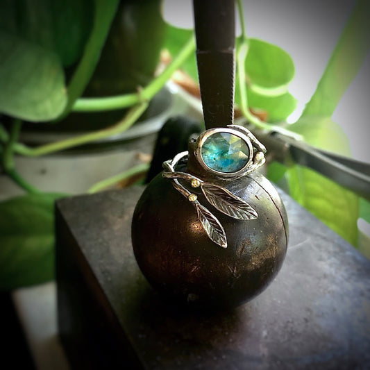 Hillary S. Teal Kyanite custom tendril ring