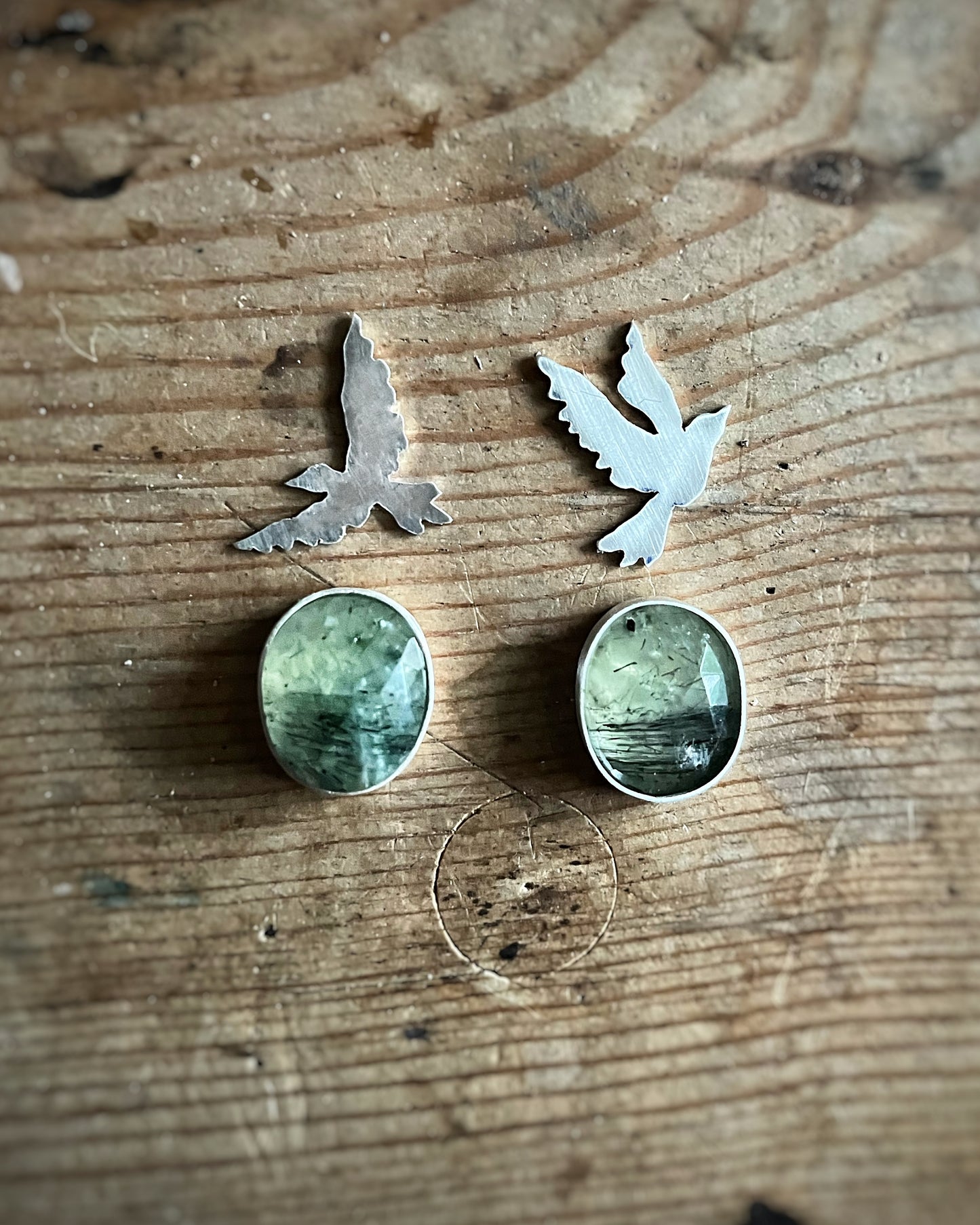 Taking Flight - Green Rutile Quartz Bird Earrings