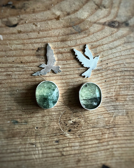 Taking Flight - Green Rutile Quartz Bird Earrings